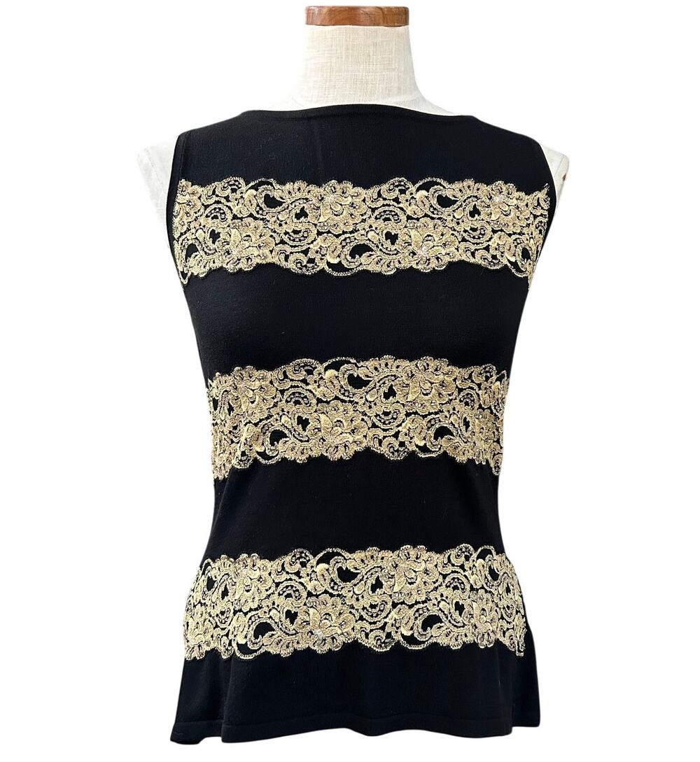 Karen Kane Silk Blend Gold Lace Band Shell Top M Black Y2K Party Dressy Stretch